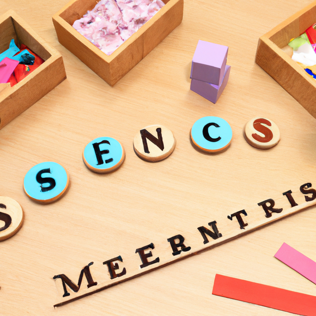 An image showcasing a serene Montessori learning environment filled with meticulously arranged wooden materials, inviting children to engage in hands-on activities like counting beads, tracing sandpaper letters, and exploring colorful geometric shapes