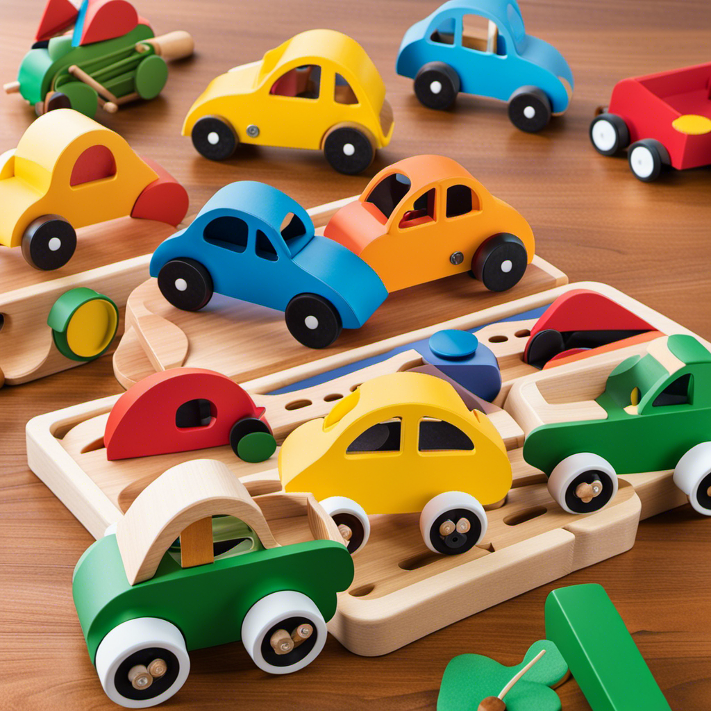 An image showcasing a colorful Montessori car toy set, with children actively engaged in hands-on play, exploring various educational features like shape sorting, counting, and imaginative storytelling