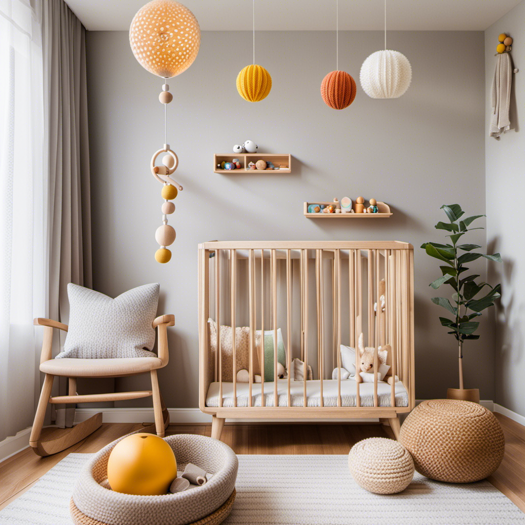 An image showcasing a cozy Montessori-inspired nursery with a wooden mobile gently rotating above a sleeping baby, while a shelf displays carefully selected tactile toys like a sensory ball, rattles, and a soft cloth book