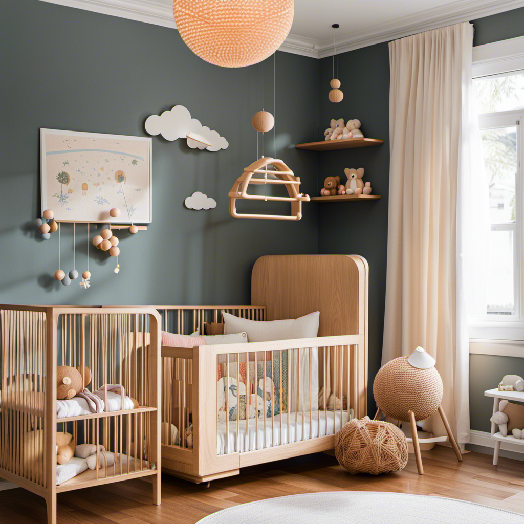 An image showcasing a cozy Montessori-inspired nursery with a wooden mobile gently rotating above a sleeping baby, while a shelf displays carefully selected tactile toys like a sensory ball, rattles, and a soft cloth book