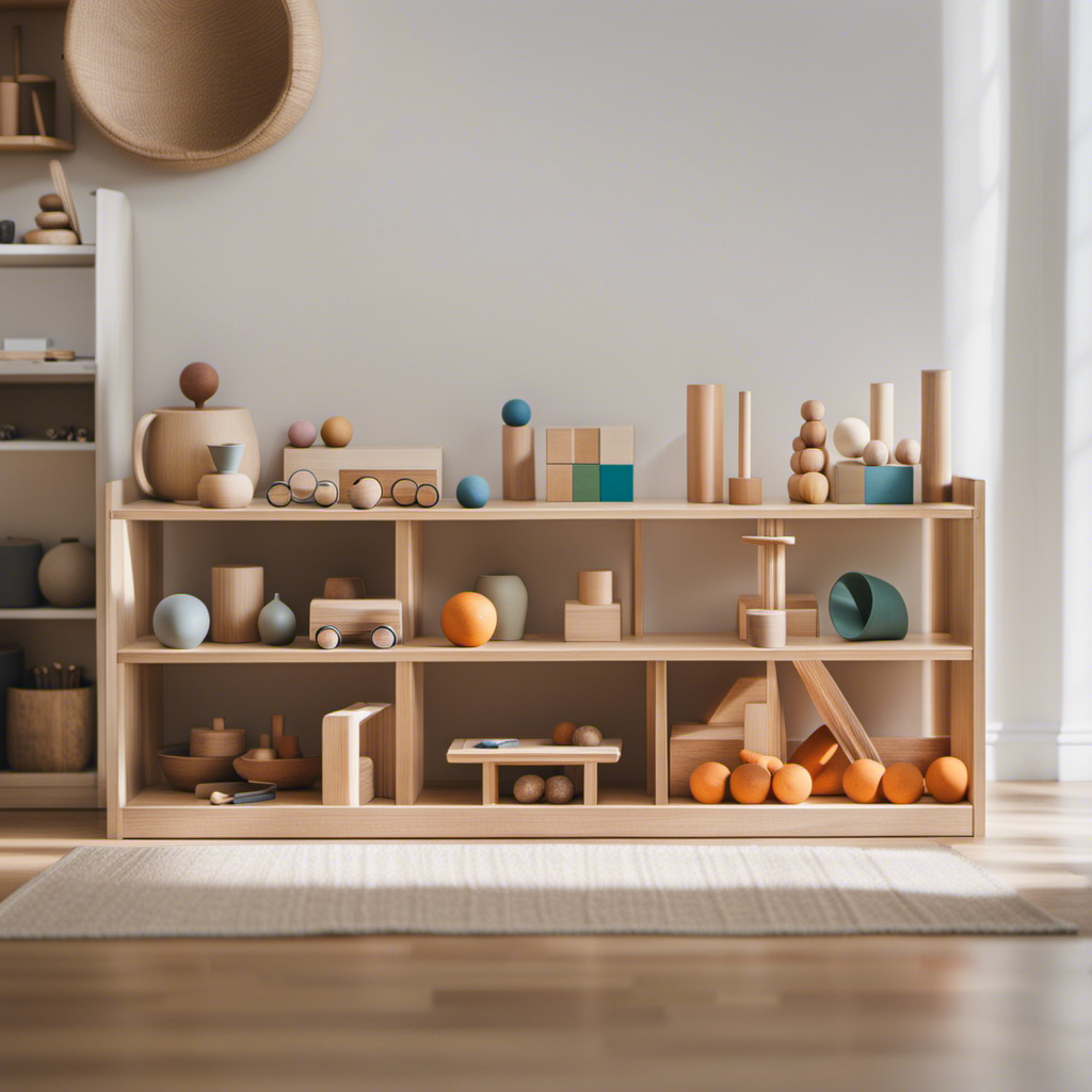 An image showcasing a minimalist play area with a few carefully chosen Montessori toys, organized on low shelves