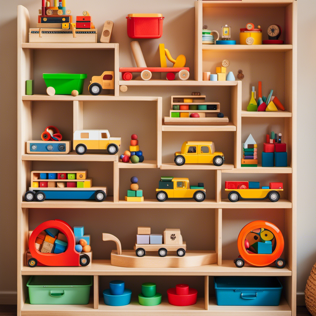 An image showcasing a neatly organized Montessori shelf, displaying a variety of developmentally appropriate toys, meticulously arranged by category and skill level