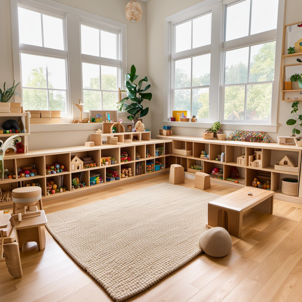 An image showcasing a serene Montessori-inspired playroom with natural light streaming through large windows