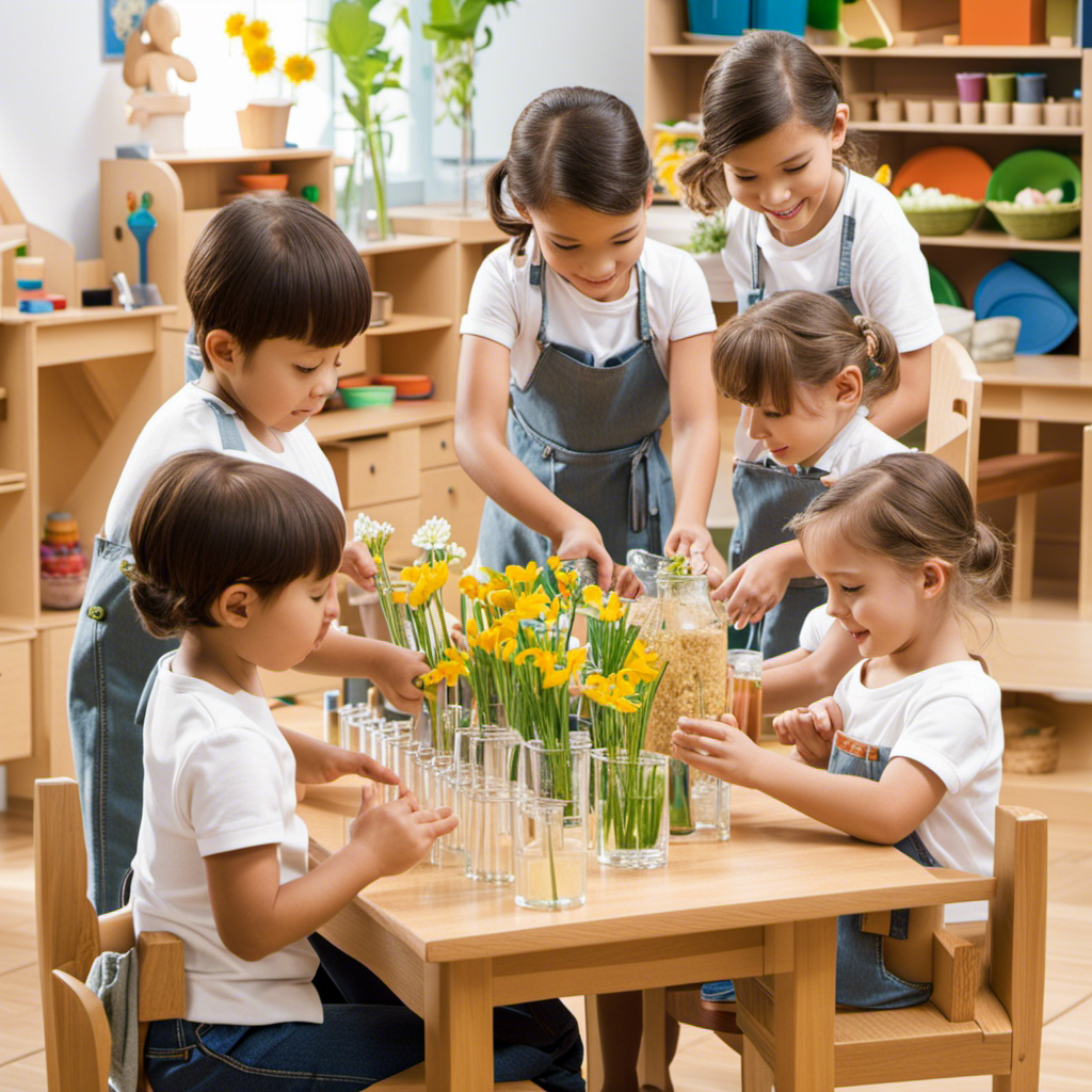 An image showcasing young children in a Montessori classroom, engaged in various practical life activities such as pouring water, polishing, and arranging flowers, emphasizing their growth, independence, and collaborative spirit