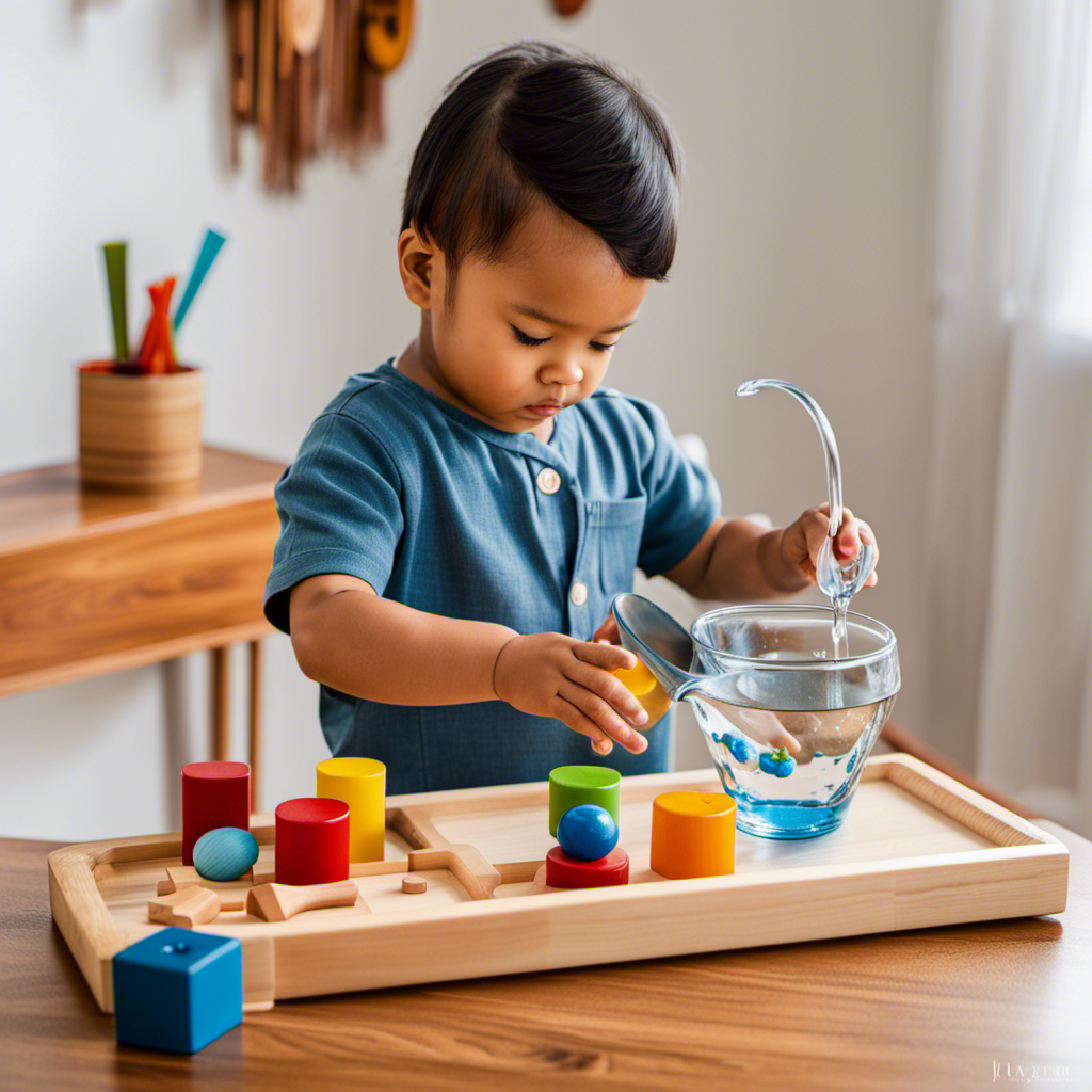 An image showcasing a toddler confidently pouring water from a small pitcher into a glass, surrounded by Montessori toys like a wooden puzzle, counting beads, and stacking blocks, evoking a sense of independence, exploration, and learning