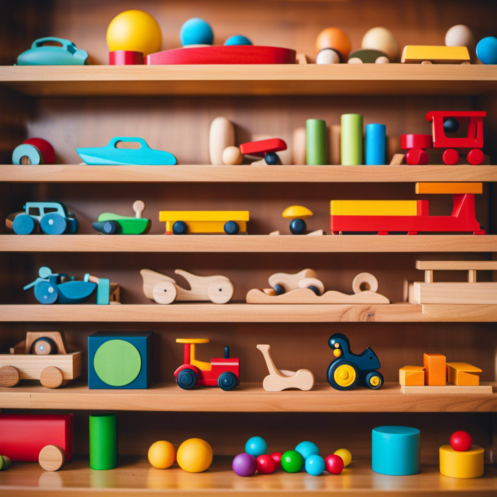 An image showcasing a vibrant wooden toy shelf, filled with meticulously crafted Montessori toys, each enticingly inviting discovery and hands-on exploration