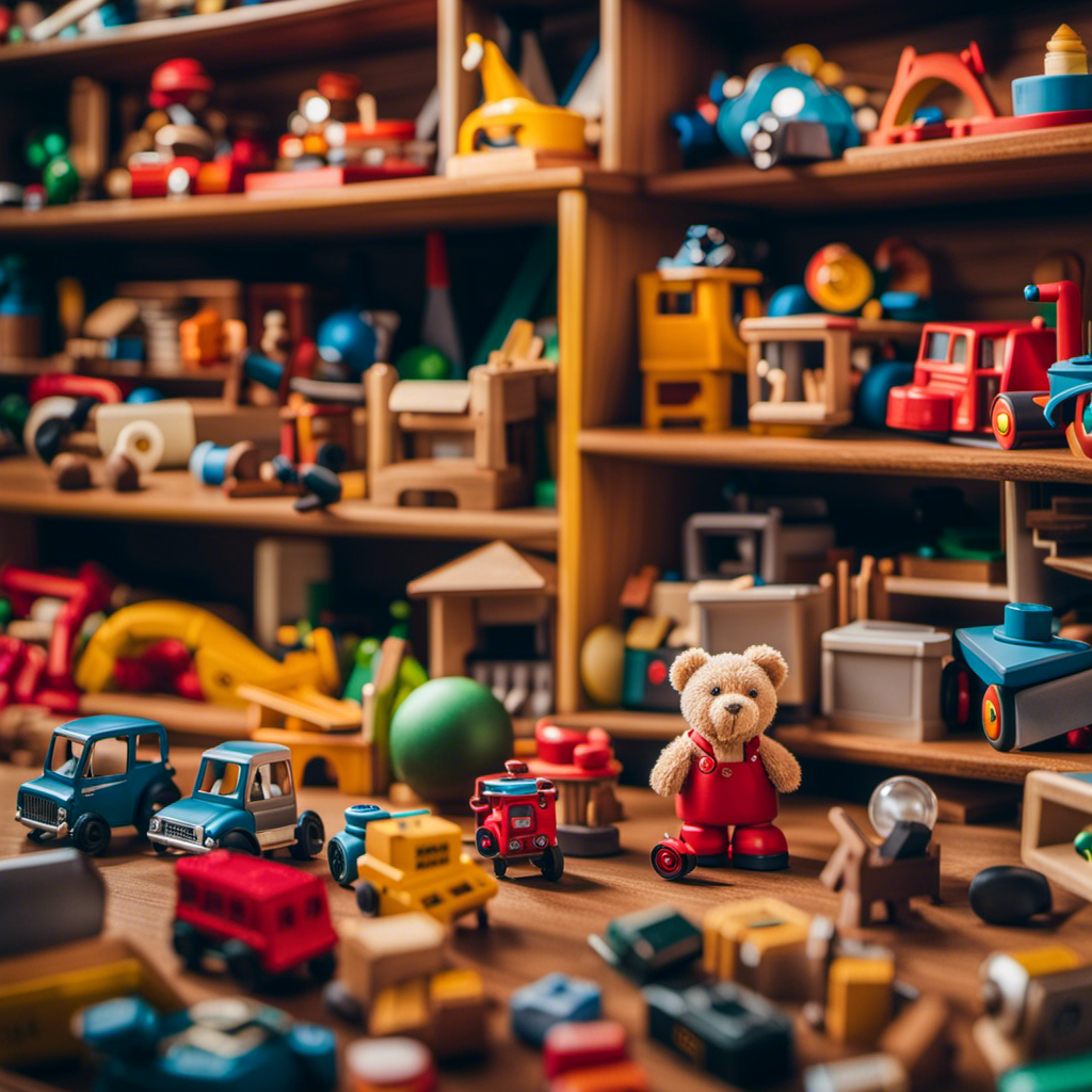An image showcasing a cluttered toy shelf filled with broken, outdated, and non-educational toys