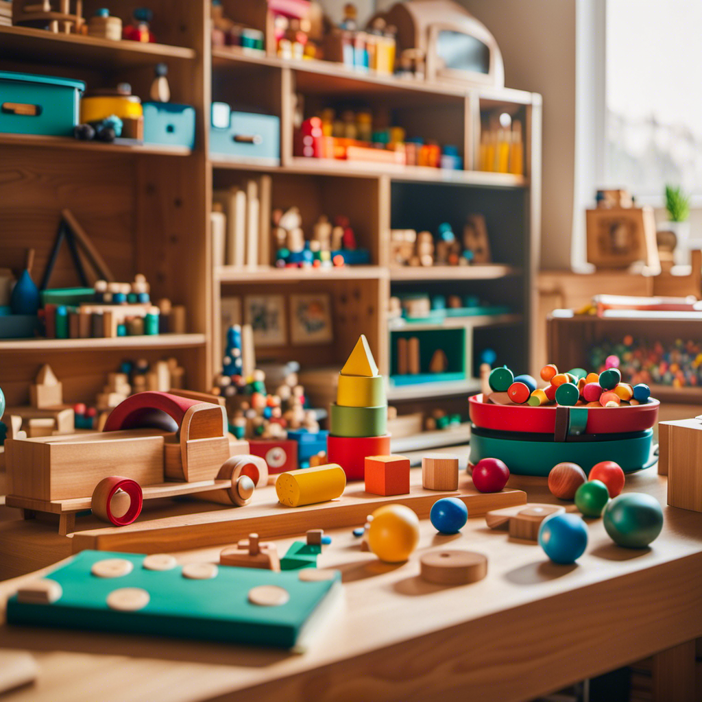 An image showcasing a beautifully arranged display of Montessori toys, with a variety of vibrant and engaging materials