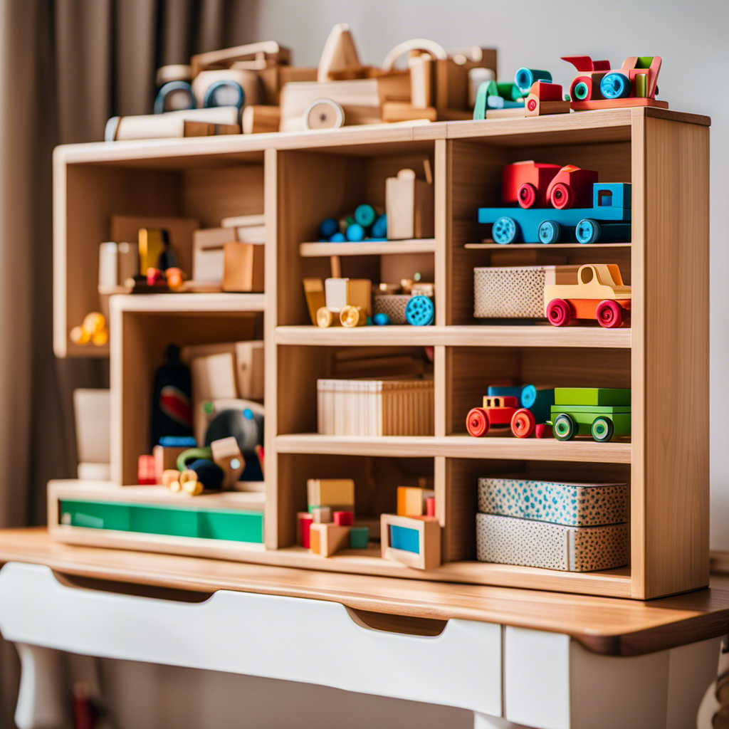 An image showcasing a diverse collection of Montessori-inspired toy subscription boxes, neatly arranged on a chic wooden shelf