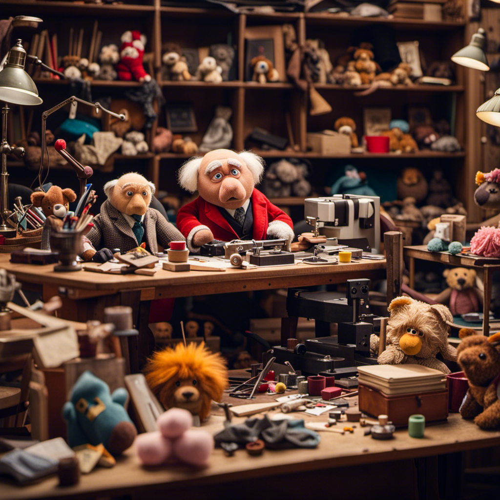 An image showcasing a cluttered workshop with a worn-out armchair, overflowing shelves of plush toys, and a table covered in sketches, fabric scraps, and sewing tools, hinting at the origins of Statler and Waldorf plush toys