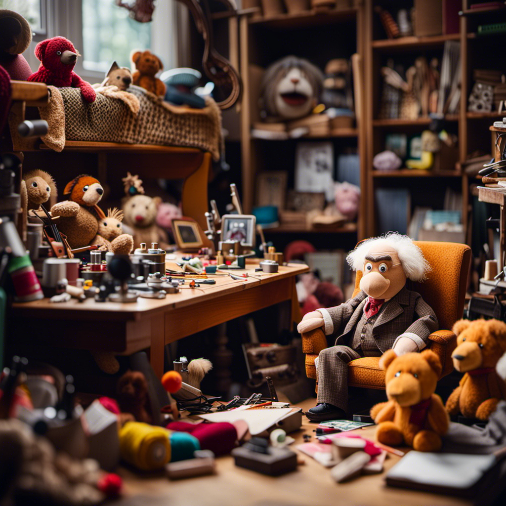 An image showcasing a cluttered workshop with a worn-out armchair, overflowing shelves of plush toys, and a table covered in sketches, fabric scraps, and sewing tools, hinting at the origins of Statler and Waldorf plush toys