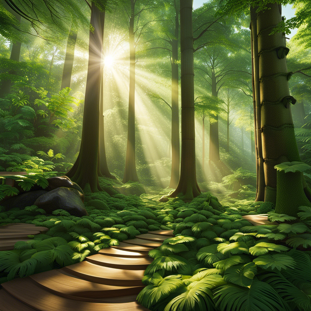 An image showcasing a lush green forest, with sunlight filtering through the towering trees