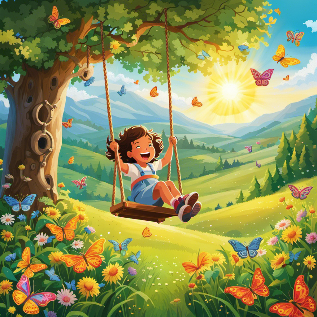 An image showcasing an exuberant preschooler joyfully swinging on a sturdy wooden swing in a lush green meadow, with colorful butterflies fluttering around, and a radiant sun casting warm golden rays