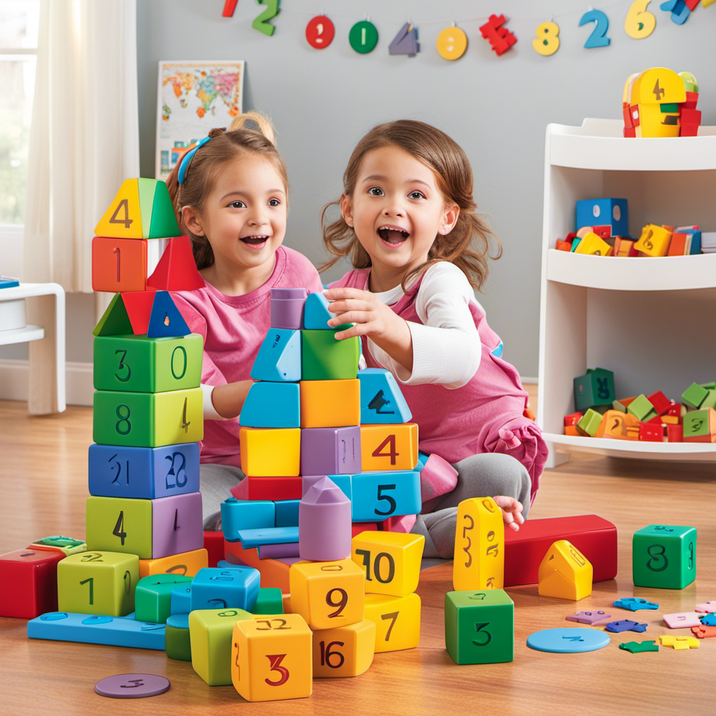 An image showcasing a colorful playroom filled with educational math toys like counting blocks, shape puzzles, and number flashcards, inviting preschoolers to explore the exciting world of numbers through play