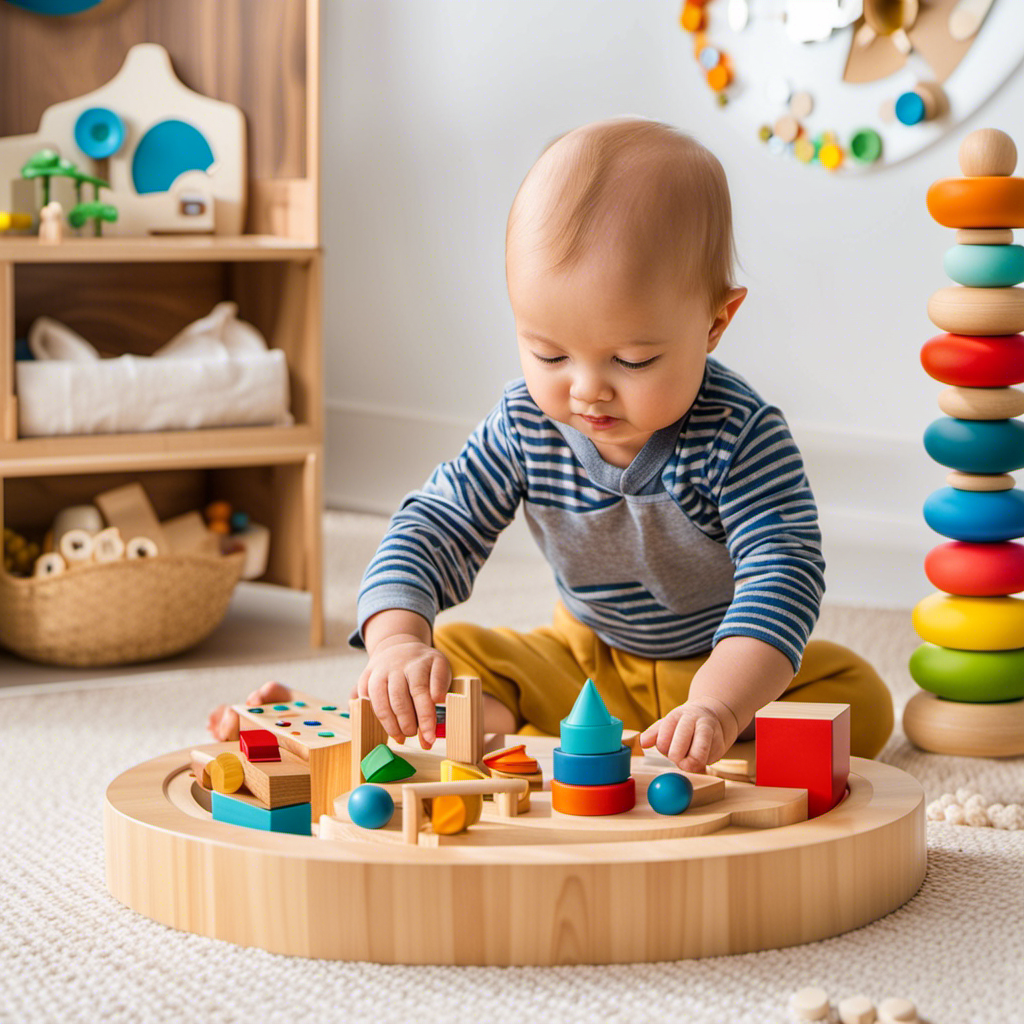 An image capturing a well-lit playroom filled with colorful Montessori toys, where a contented, wide-eyed infant curiously explores a vibrant sensory board, while small, wooden manipulatives scatter playfully around them