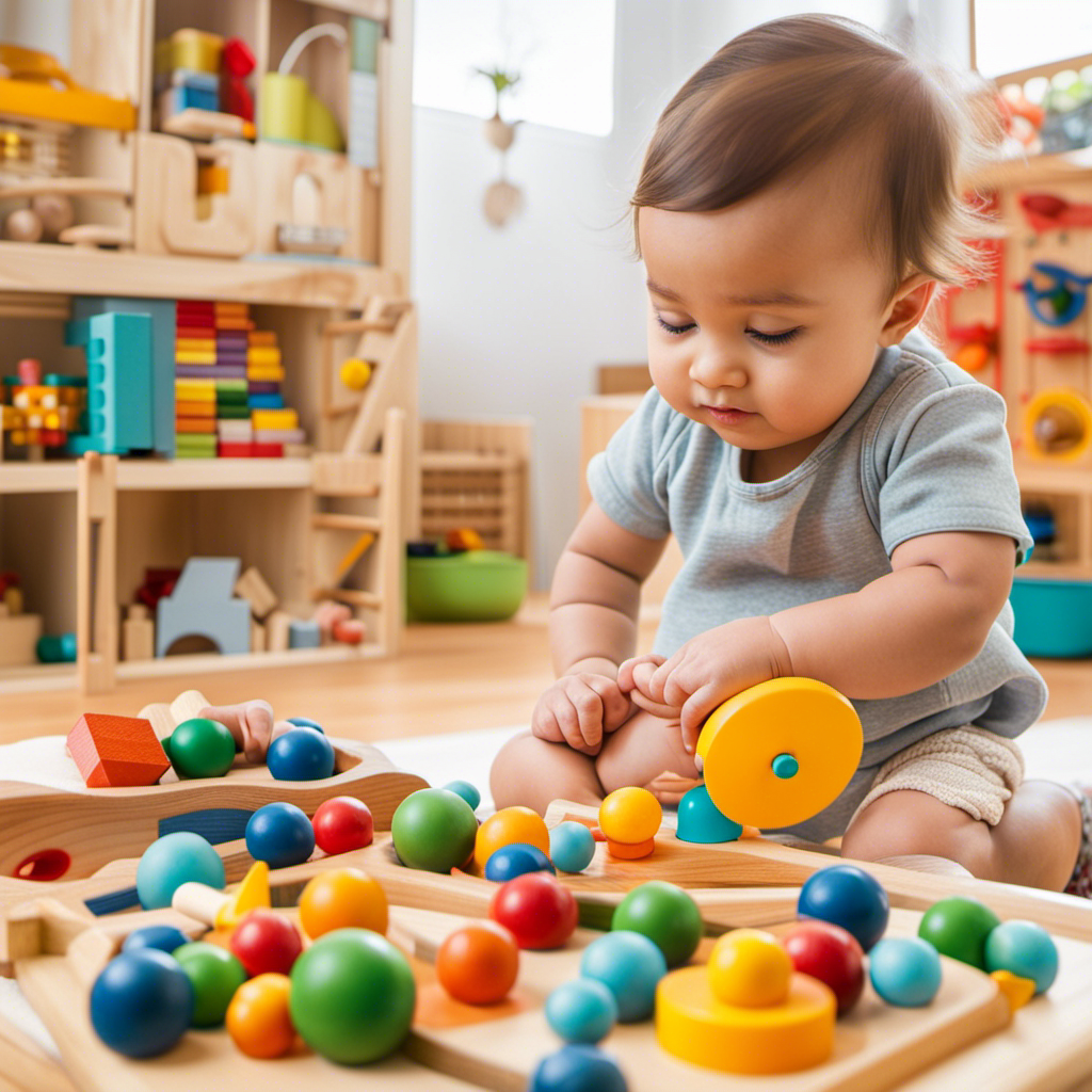 An image capturing a well-lit playroom filled with colorful Montessori toys, where a contented, wide-eyed infant curiously explores a vibrant sensory board, while small, wooden manipulatives scatter playfully around them