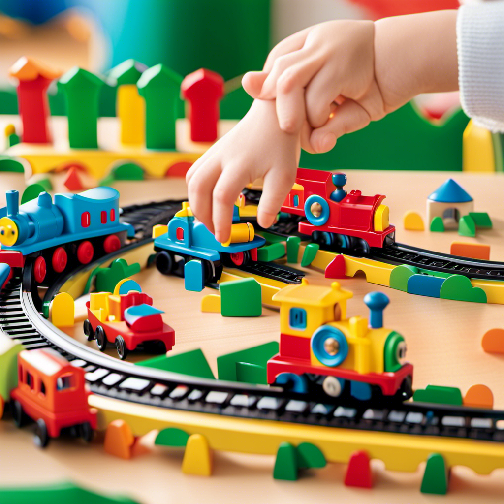 -up image of a colorful toy train set, with a smiling baby's hand reaching out to touch the vibrant tracks, showcasing the joy and curiosity that STEM toys can bring to the earliest learners