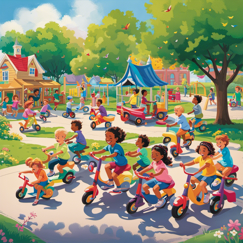 An image showcasing a bustling playground scene, filled with preschoolers zooming around on vibrant scooters, tricycles, and balance bikes