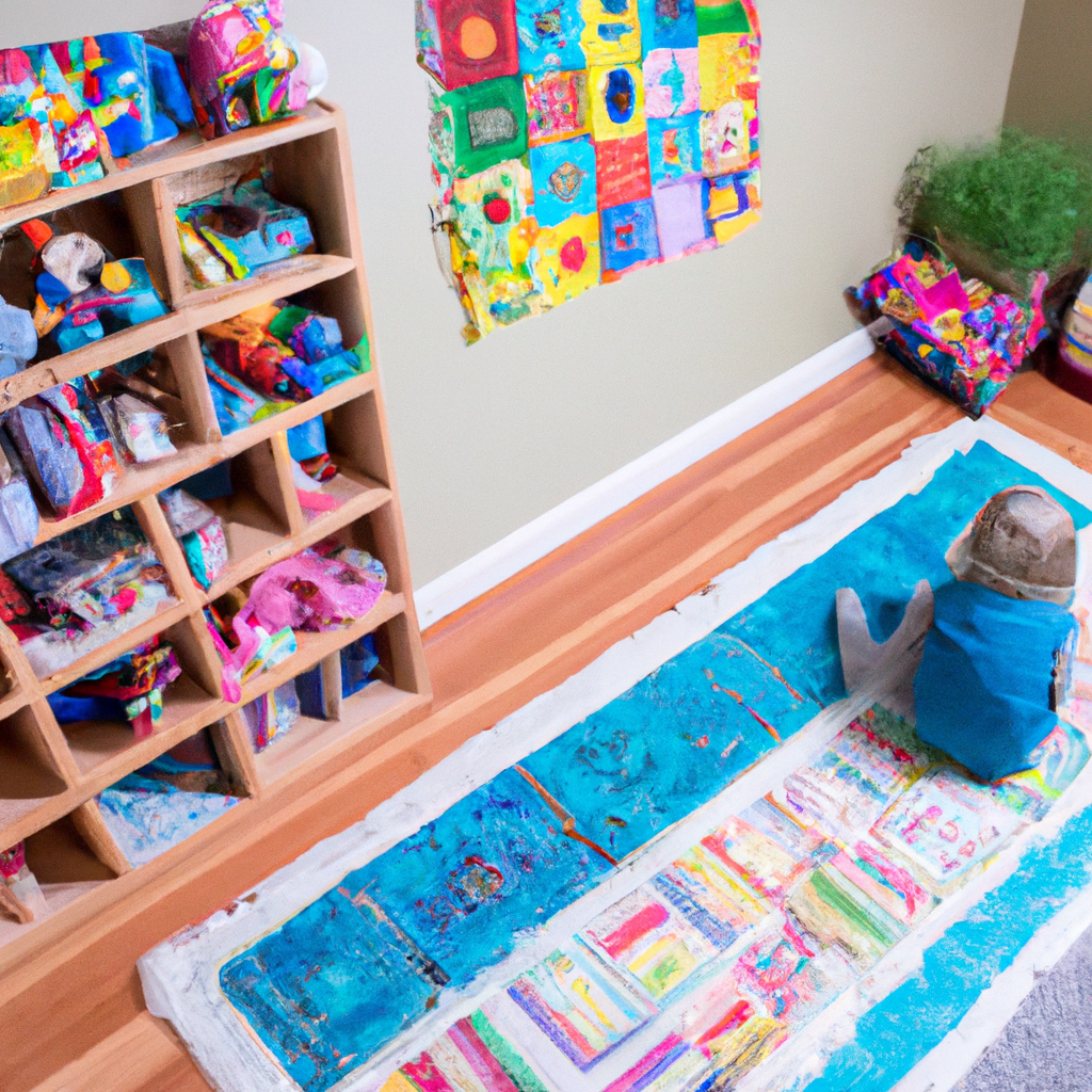 An image showcasing a beautifully arranged playroom with shelves filled with vibrant, educational Montessori toys