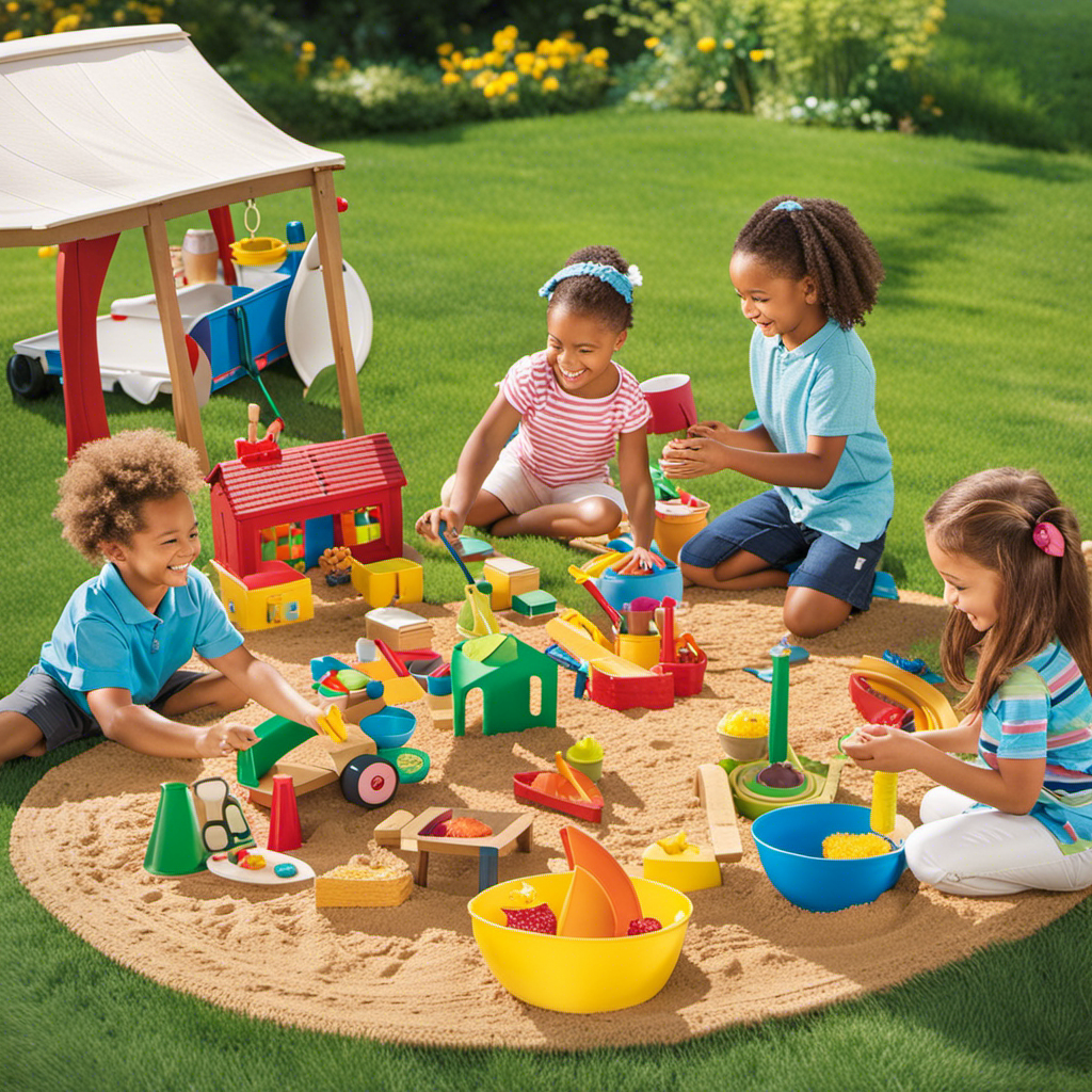 An image showcasing a vibrant backyard scene with preschoolers joyfully engaged in various outdoor activities