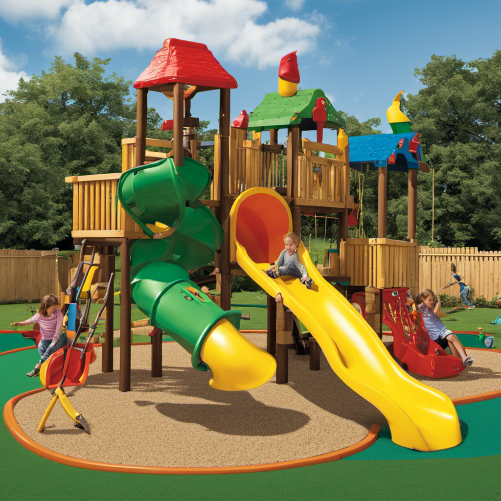 An image showcasing a vibrant preschool playground, filled with a variety of engaging toys