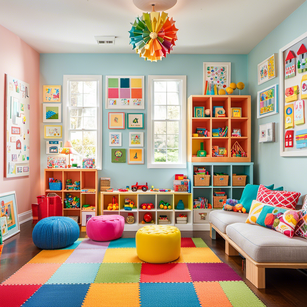 An image showcasing a colorful playroom filled with age-appropriate toys for four-year-old preschoolers