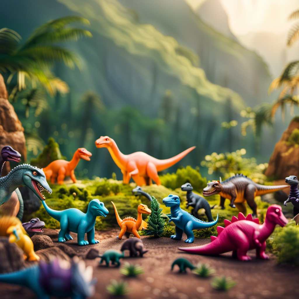 An image showcasing a colorful prehistoric landscape with playful children surrounded by an array of realistic dinosaur toys, promoting a blog post on the "Best Dinosaur Toys for Roaring Fun