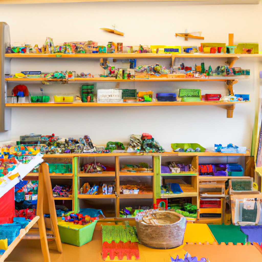 An image showcasing a vibrant Montessori classroom with children engaged in purposeful play