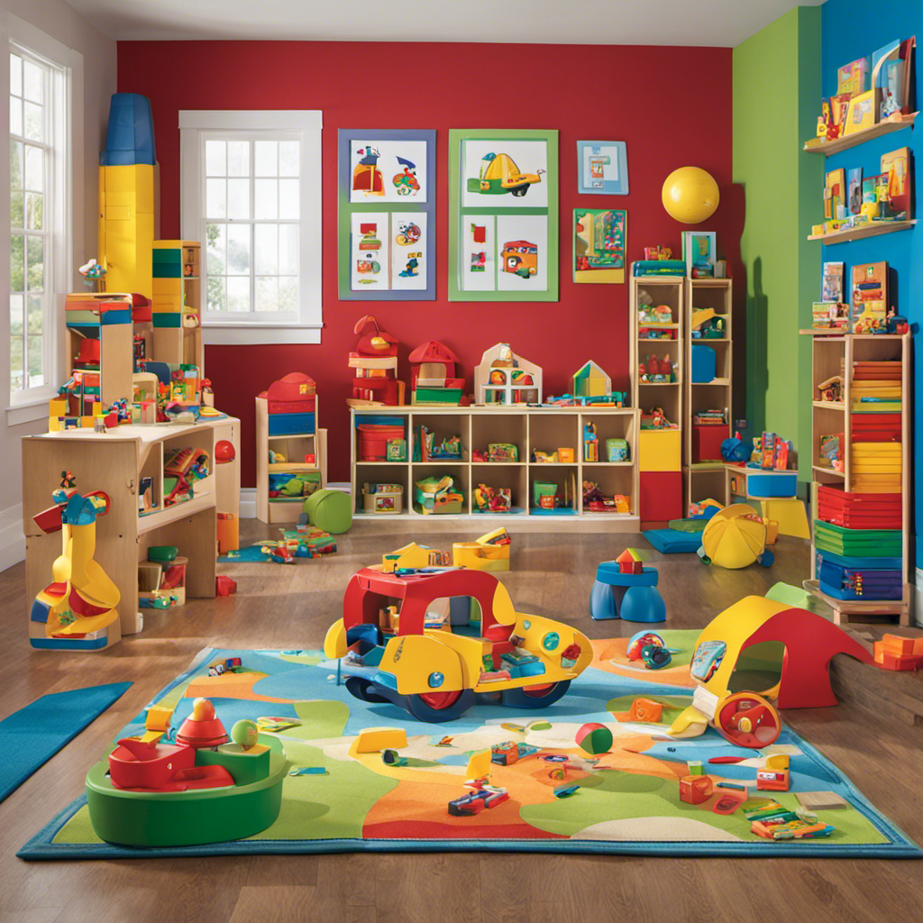 An image capturing a diverse collection of vibrant, educational preschool toys in an inviting playroom setting