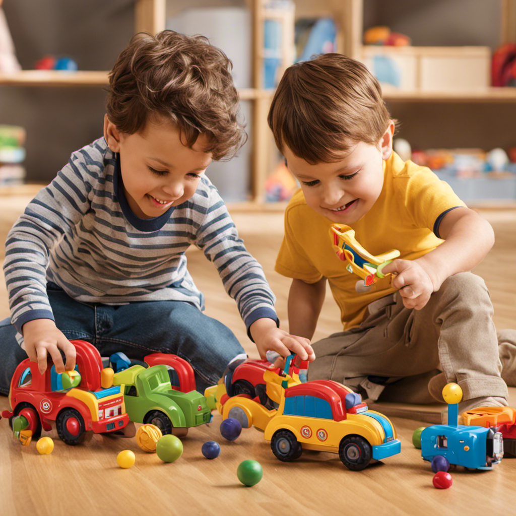 An image capturing the energy and excitement of preschool boys playing with robust toys, showcasing their adventurous spirit through dynamic movements, big smiles, and the inevitable chaos of their playtime