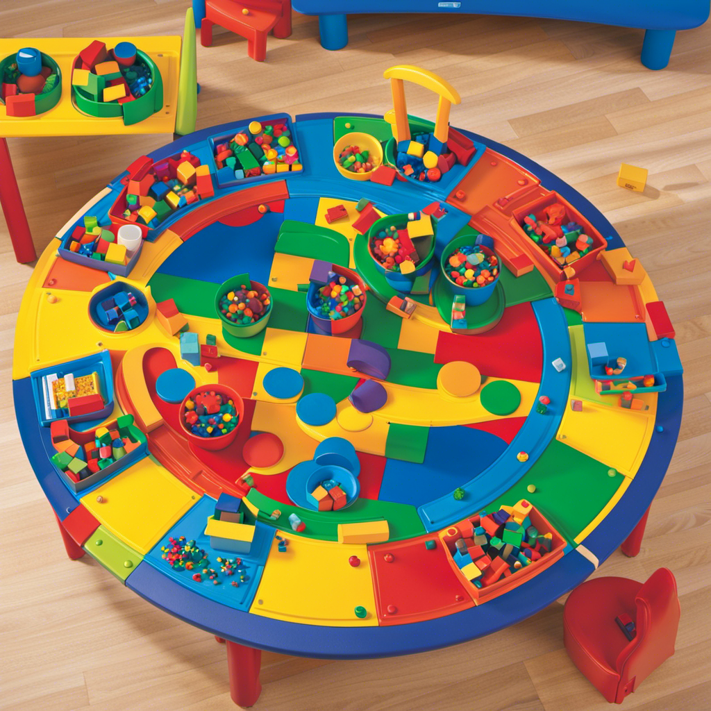 An image showcasing a vibrant, circular preschool table filled with an assortment of engaging toys such as building blocks, puzzles, sensory bins, and art materials