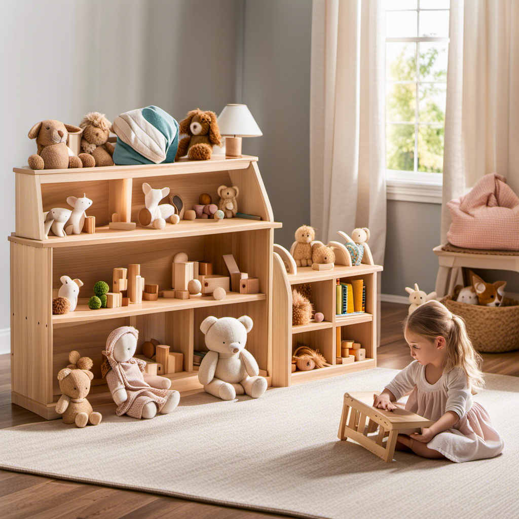 An image of a cozy wooden playroom filled with handmade dolls, natural wooden blocks, and soft, organic stuffed animals