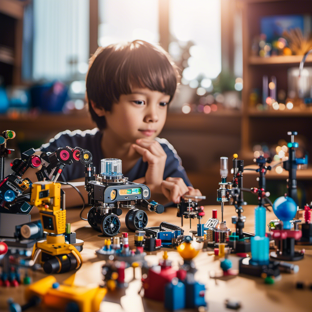 An image showcasing a 7-year-old surrounded by an array of vibrant STEM toys, including a programmable robot, a microscope, a circuit kit, a telescope, a 3D printer, a coding board, and a chemistry set