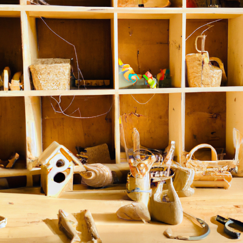 An image showcasing a beautifully arranged display of vibrant wooden toys, thoughtfully arranged on open shelves in a sunlit room