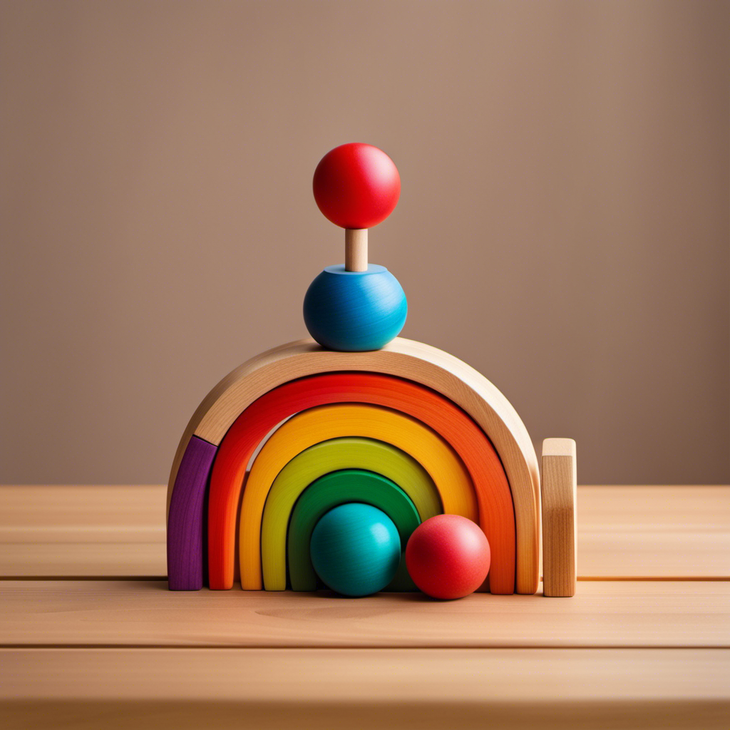 An image showcasing a wooden, rainbow-colored stack of Montessori toys, artfully arranged in ascending order of size