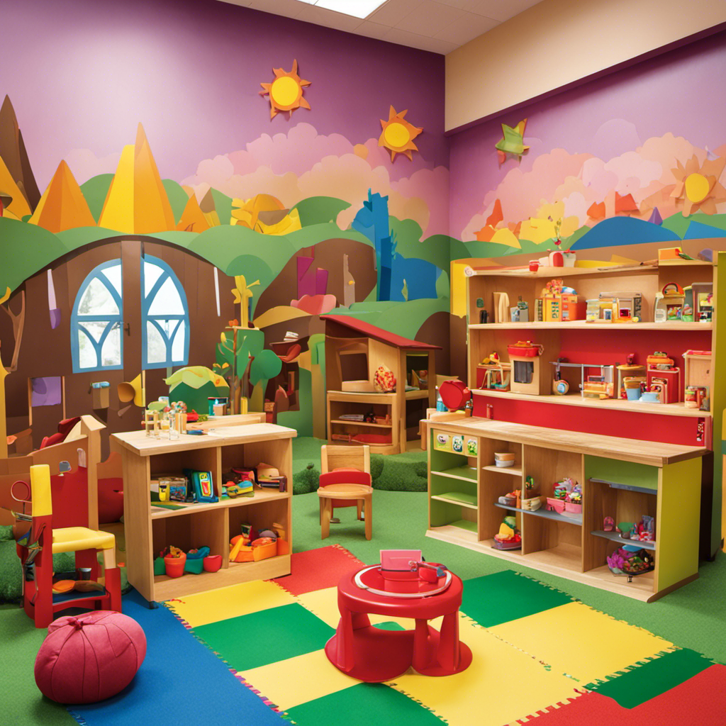 An image showcasing a colorful preschool play area, filled with a variety of dramatic play toys, such as a miniature kitchen, dress-up corner with costumes, puppet theater, and a small stage with props