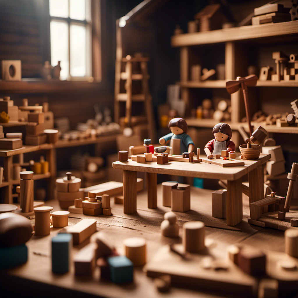 An image showcasing a rustic wooden toy workshop, bathed in warm natural light