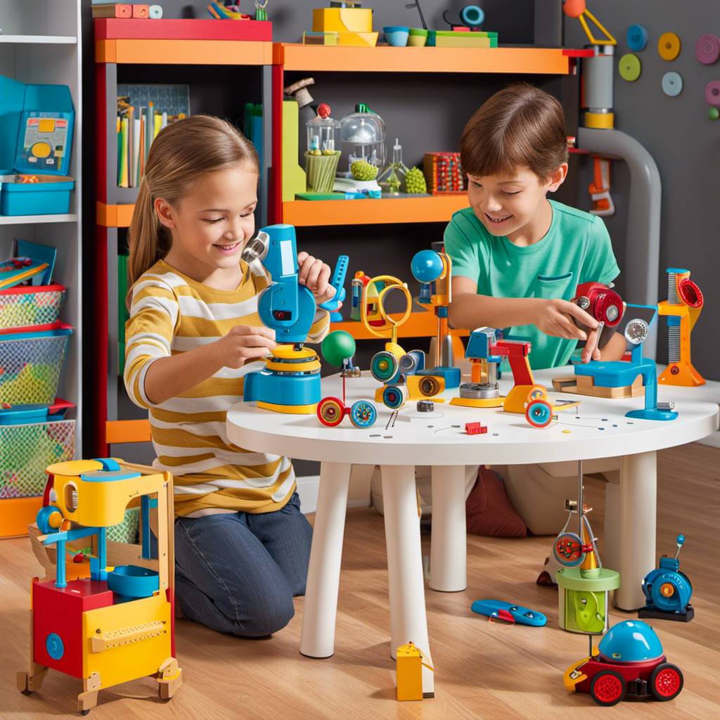 An image featuring a colorful playroom filled with interactive toys like a mini microscope, a magnetic building set, a weather station, and a robot kit, captivating young minds in the wonders of science