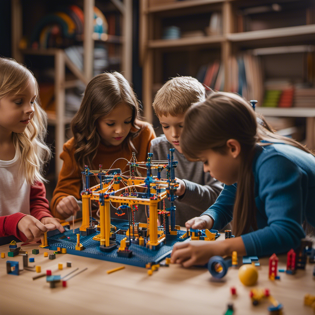 An image showcasing a group of children engaged in an intricate construction project using STEM toys
