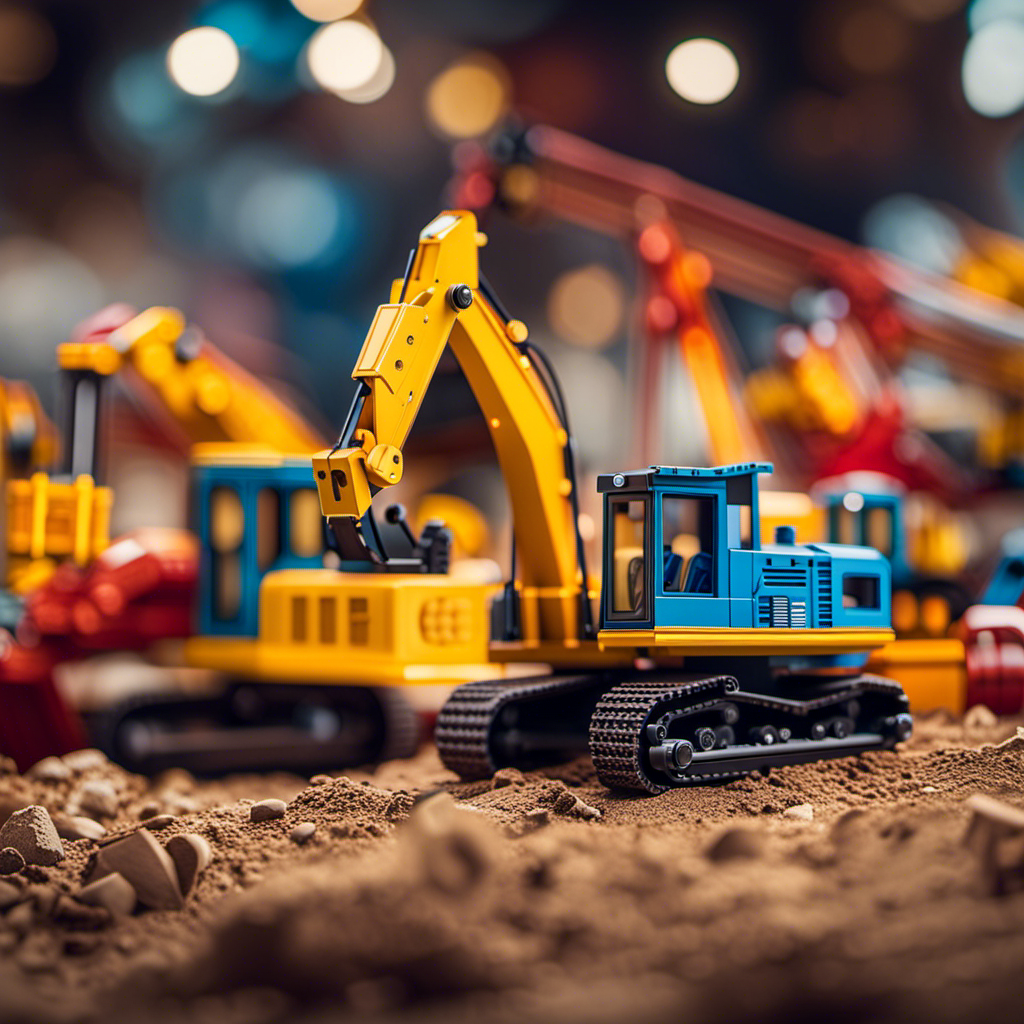 An image highlighting a colorful array of STEM construction toys, showcasing intricate details like miniature cranes, bulldozers, and excavators