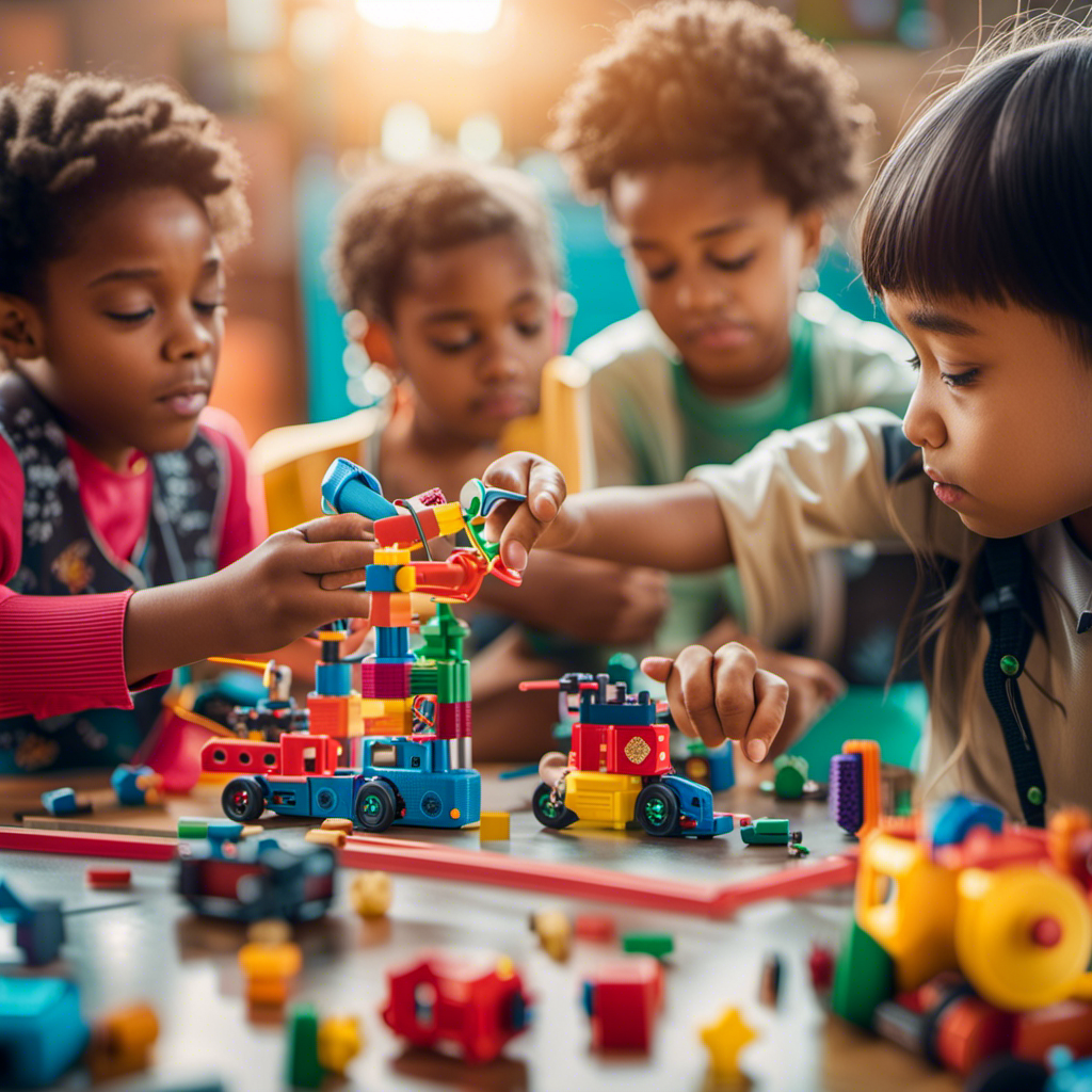 An image capturing the essence of STEM toys: a diverse group of children engrossed in hands-on activities, surrounded by colorful, educational playthings, fostering curiosity, problem-solving, and innovation