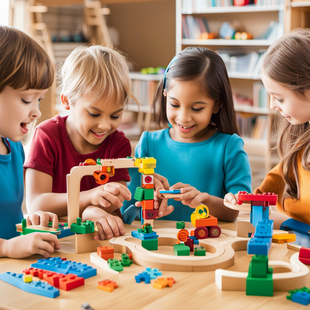 An image showcasing a diverse group of children engaged in hands-on activities, with STEM toys like building blocks and robotics on one side, and Montessori materials like sensory trays and puzzle maps on the other side