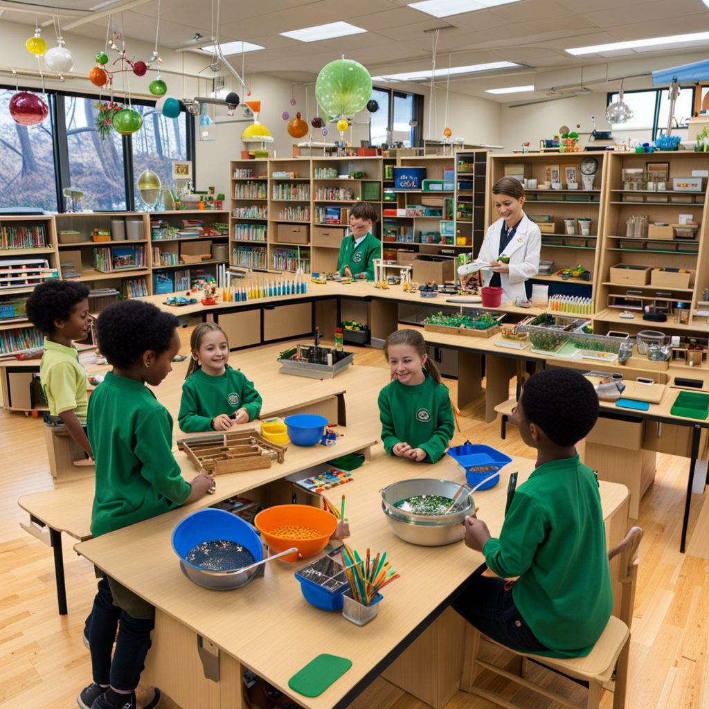 An image showcasing a vibrant, bustling science lab with children fully engaged in hands-on experiments, while nearby, Montessori students explore a meticulously organized, nature-inspired classroom filled with diverse educational materials