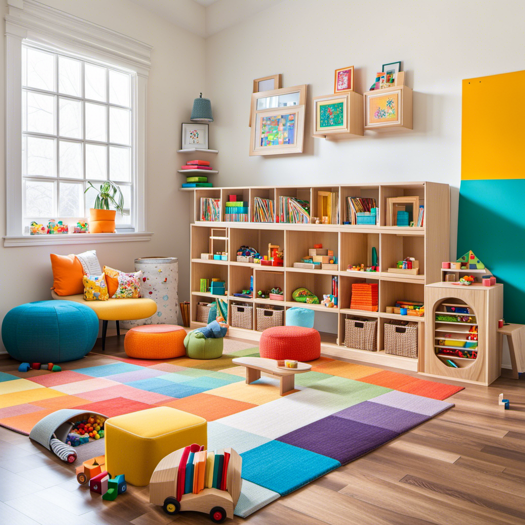 An image featuring a colorful Montessori-inspired playroom, filled with open-ended toys and materials: a low shelf with wooden blocks, a sensory table with kinetic sand, and a cozy reading nook with plush cushions and books scattered around