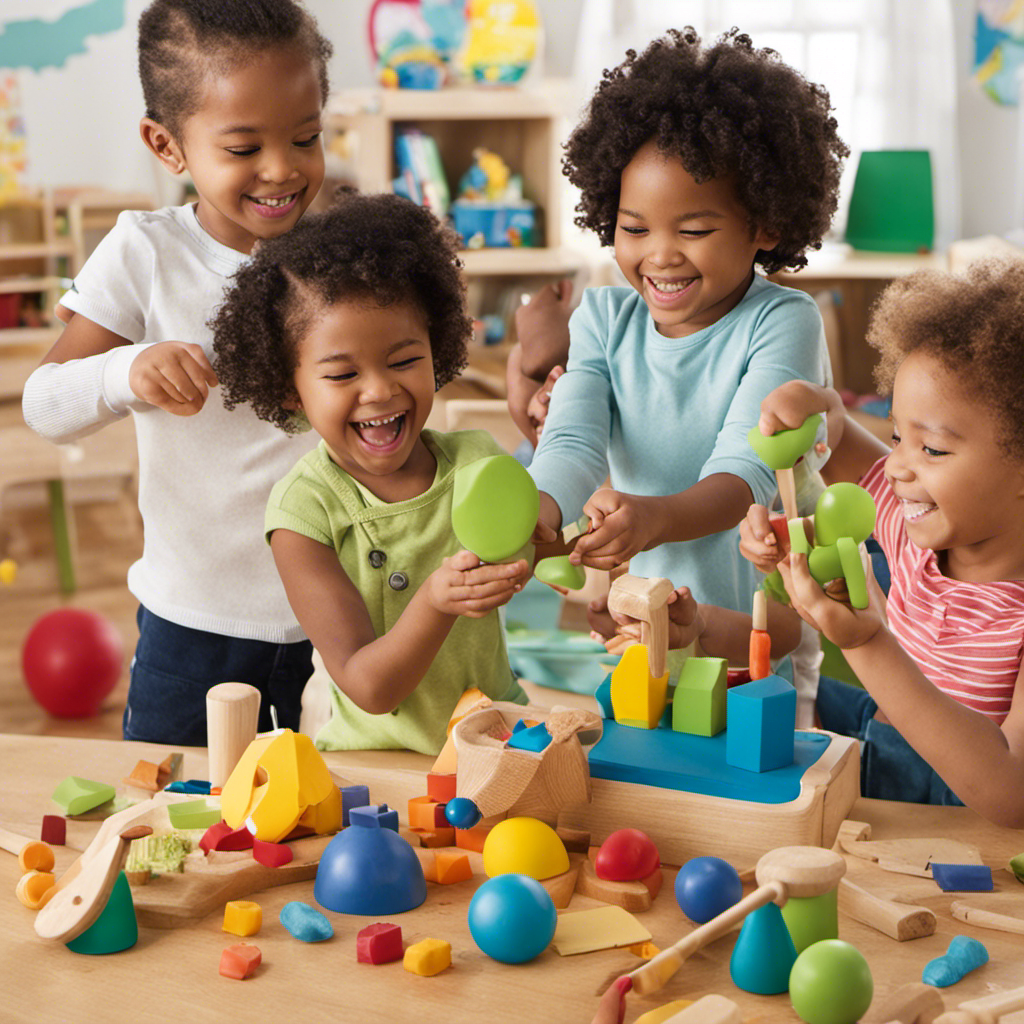 An image showcasing a group of preschoolers joyfully engaged in hands-on exploration with a variety of sensory toys, their faces beaming with delight as they explore textures, shapes, and colors