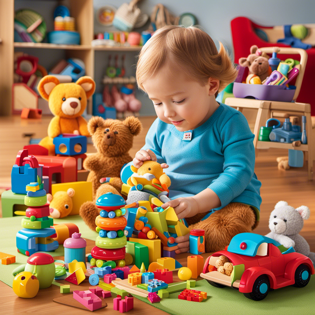 An image capturing a delightful scene of a three-year-old preschooler surrounded by a vibrant array of carefully selected toys: a cuddly stuffed animal, a colorful puzzle, a stack of building blocks, and a miniature tea set