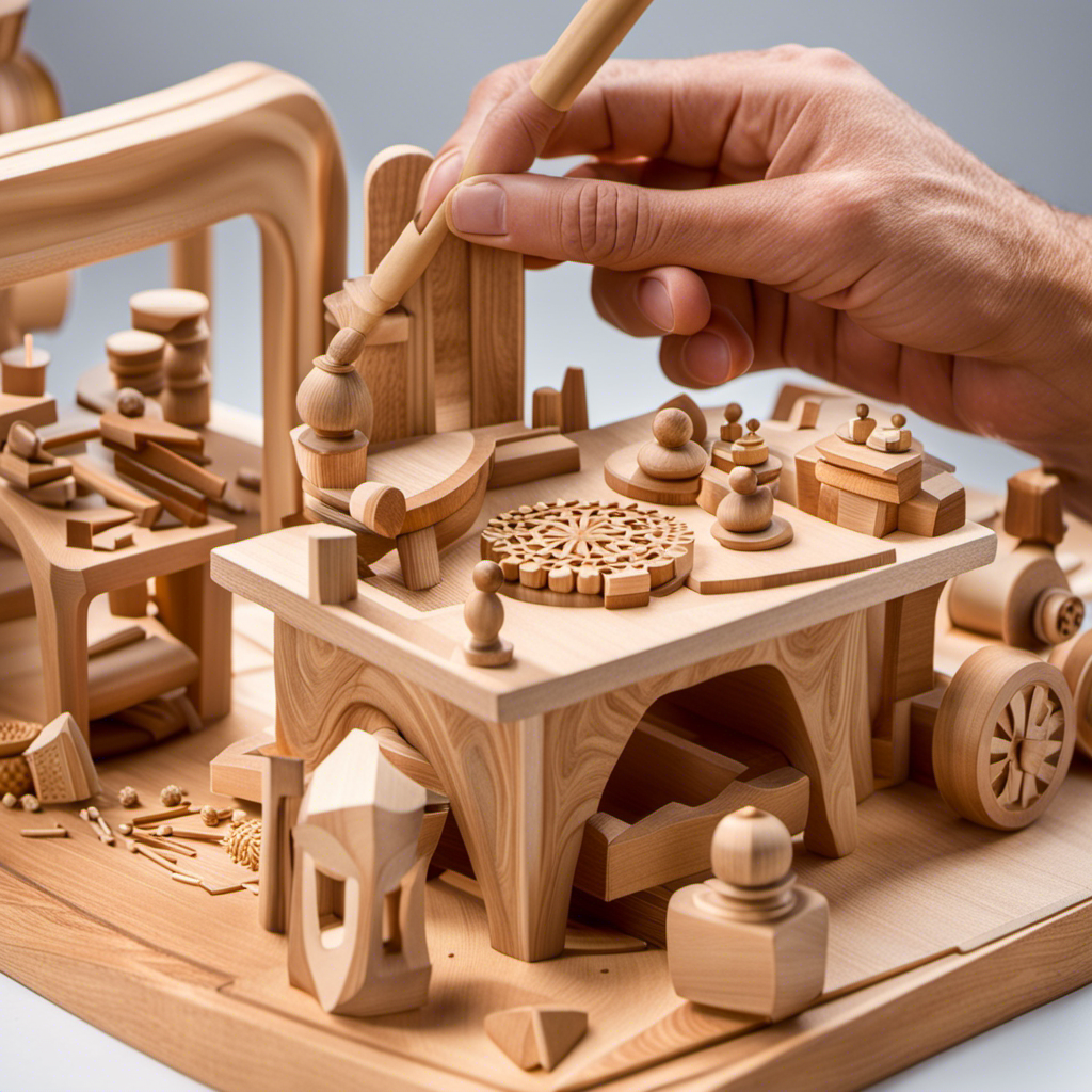 An image of a skilled artisan delicately carving a wooden toy, their hands gracefully guiding the chisel as intricate details emerge from the wood, capturing the essence of the Waldorf philosophy