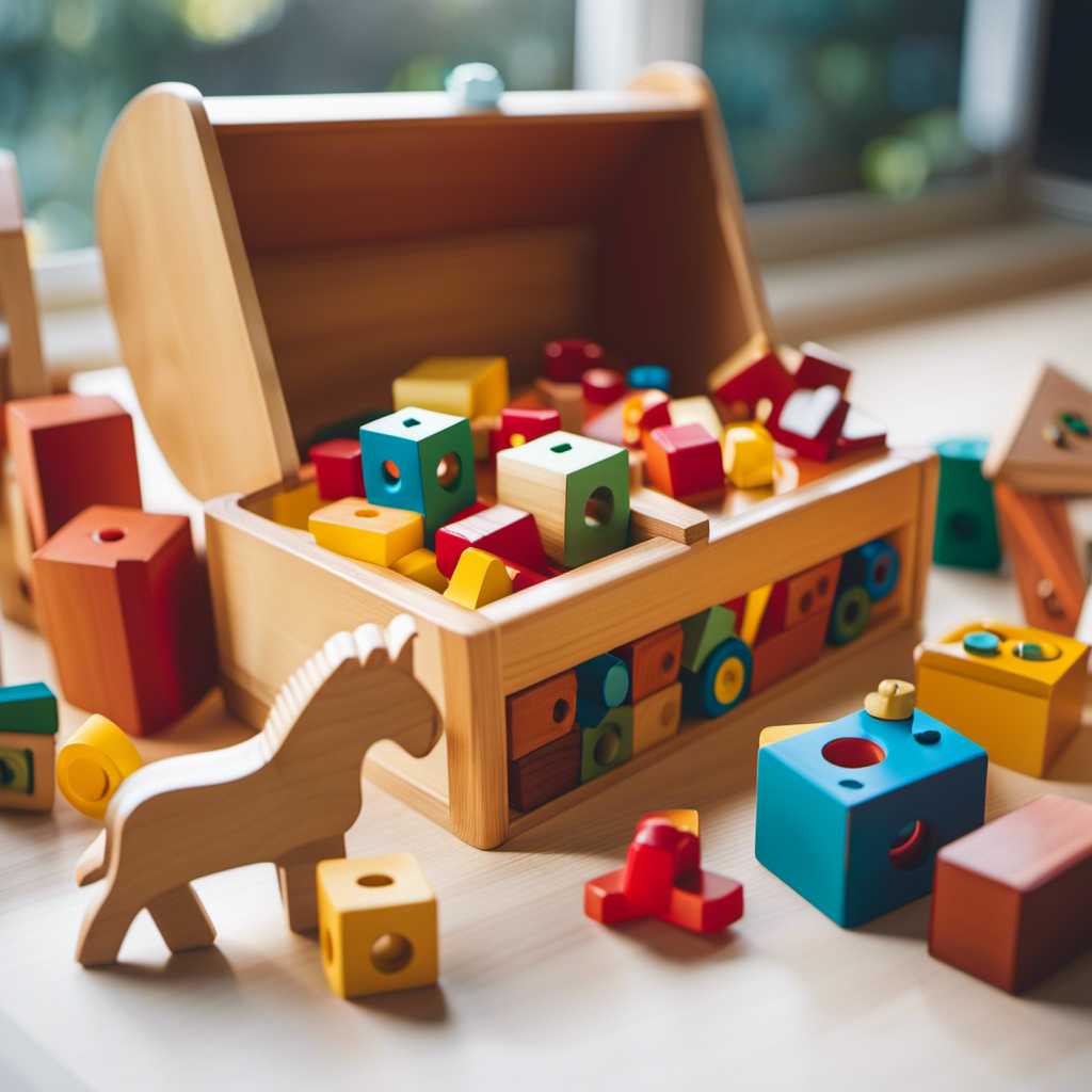 An image showcasing a beautifully crafted wooden toy chest overflowing with timeless preschool treasures: a colorful set of building blocks, a whimsical pull-along animal, a delightful shape sorter, and a cheerful rocking horse
