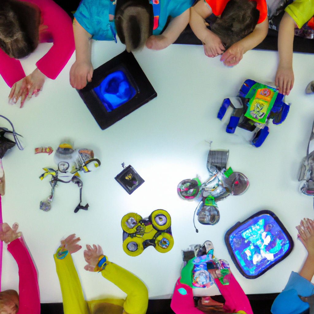 An image featuring a group of enthusiastic ten-year-olds, huddled around a table covered in vibrant STEM toys like coding robots, microscope kits, and engineering sets, showcasing the decade's best educational playthings