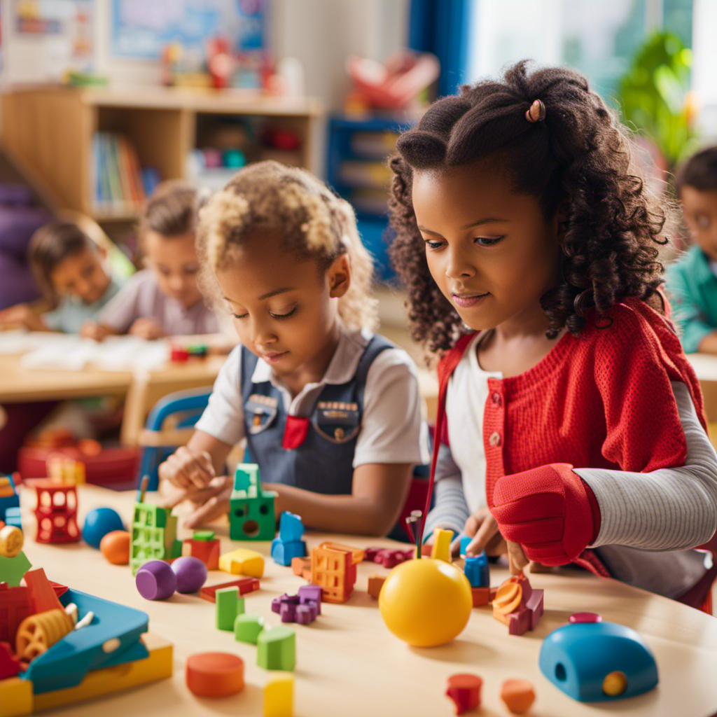 An image showcasing a vibrant preschool classroom, filled with a variety of hands-on toys and educational materials